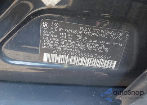 2006 BMW 330I z USA, uszkodzony, nr VIN WBAVB33536AZ86617